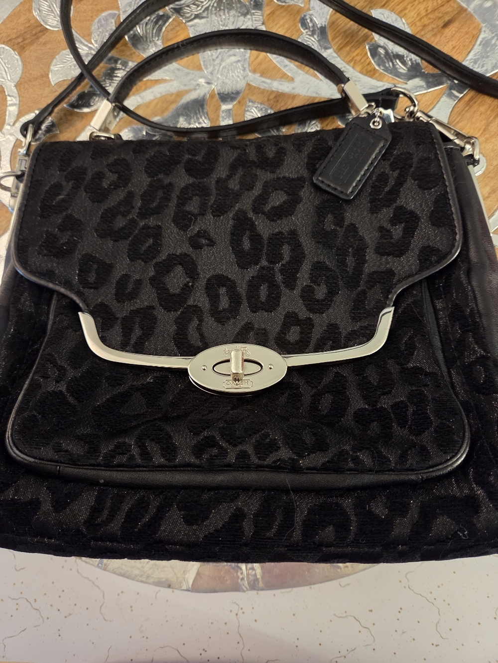 Coach Black Madison Chenille Ocelot Sadie Flap Satchel